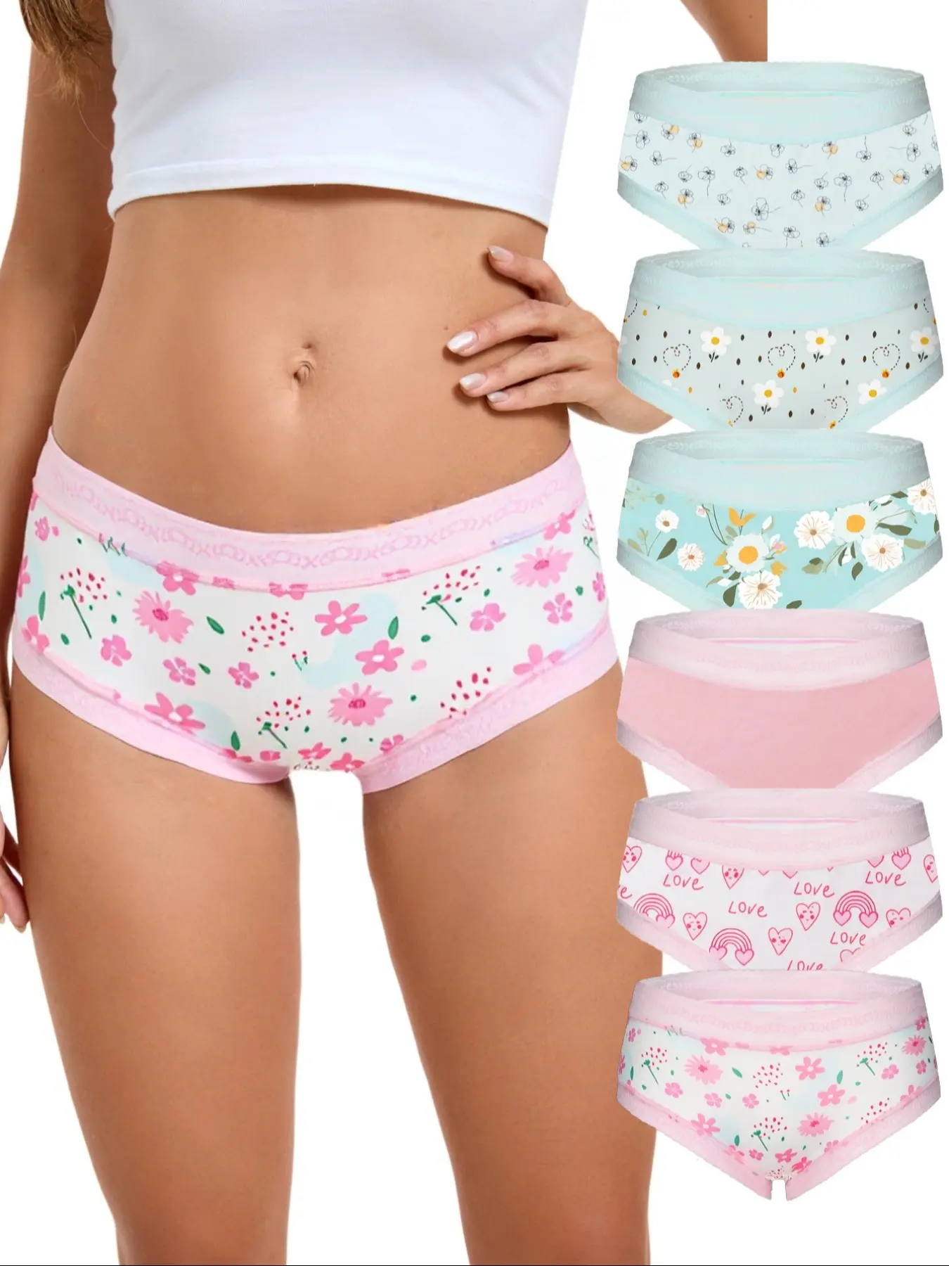 Morvia Cute Floral & Heart Printed Women's Panties Set, 6 Pairs Comfortable Triangle Underwear, Breathable All Season Ladies Lingerie, Casual Comfy Panty
