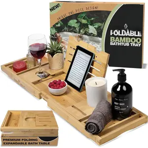 Foldable  Bathtub Tray  for Tub -- Expandable -  Bath Table with  Holder Book Stand and Non-Slip Pads -- Space-Saving Bath  -- Housewarming
