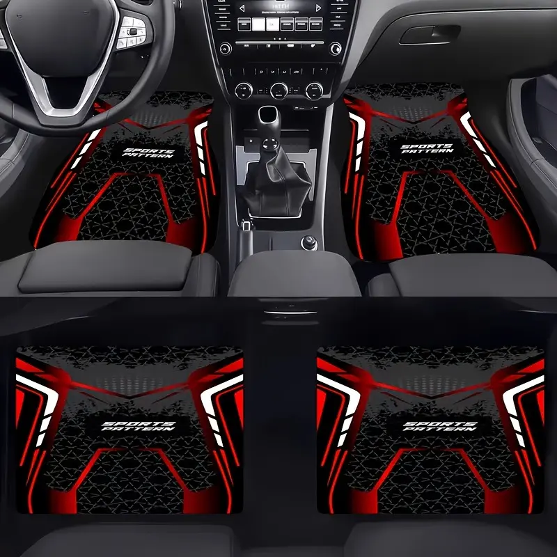 4pcs Set of Sports-pattern Car Floor Mats, Automotive Floor Mats, Car Accessory, Featuring a Futuristic Design with Black and White Geometry and Red Accents, Fitting Car Interiors, Easy to Clean, Wear-resistant, Suitable for Universal Vehicle Models