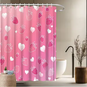1pcs Fruit Theme Bath Curtain-2D Strawberry and Heart Pattern Print Bath Curtain Fun Home Window Curtains Bathroom Decor Bathtub Decor 70.8x70.8 inches
