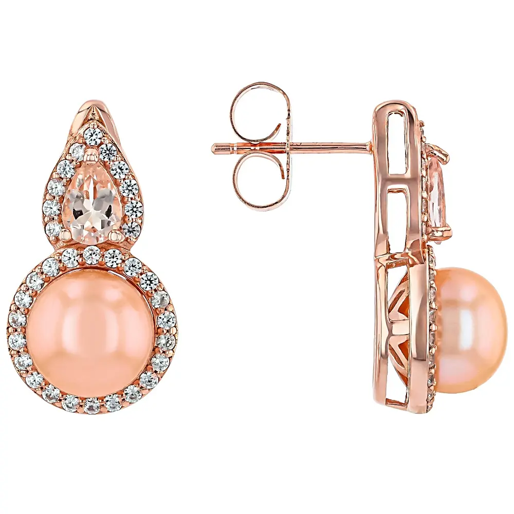 JTV Peach Cultured Freshwater Pearl With Morganite & Zircon 18k Rose Gold Over Silver Earrings