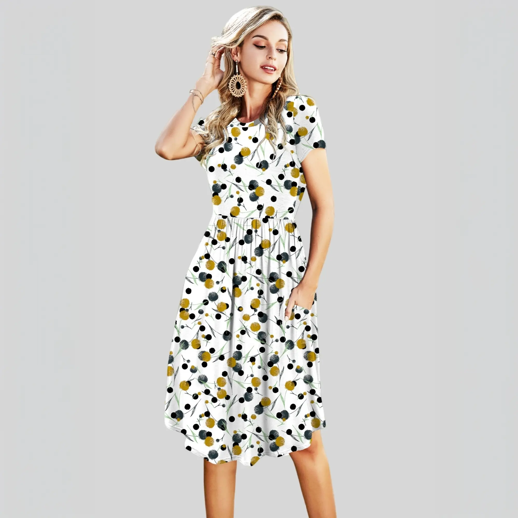 Womens Summer Pocket Knee Length Teacher Casual Dress Short Sleeve Midi Work Travel Outfits Modest Clothes Fabric Womenswear wendy ortiz pool party outfit milkmaid dresses summer outfits sundress white dress birthday dress graduation guest outfit