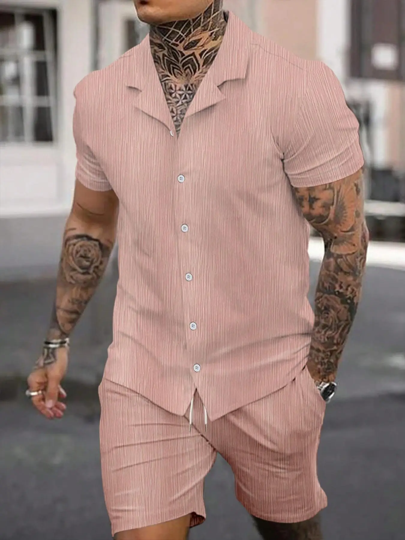 2 Pieces Men's Summer Clothes, Two-Piece Set Plain Button Front Shortsleeve Shirt & Drawstring Waist Shorts Suits Set, Menswear Regular Fit Casual Sho