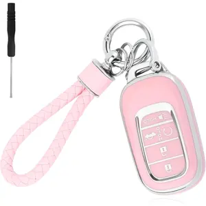 New Upgrade 5 Button Key Fob Cover,TPU Key Fob Case with Keychain,Car Key Cover Pink Car Accessories Compatible with Honda