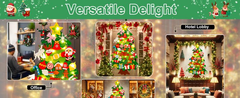 DIY Felt Christmas Tree Kit with 34pcs Detachable Ornaments & 5M LED Lights for Kids - 3.3 FT Wall Hanging Xmas Decorations Craft Kits