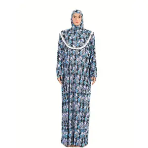 Print Abaya Kaftan Dress - Long Sleeve, Maxi Length, Hooded Prayer Robe for Women, Soft Knit Fabric, Blue & Black Floral Print Pattern, All-Season Wear