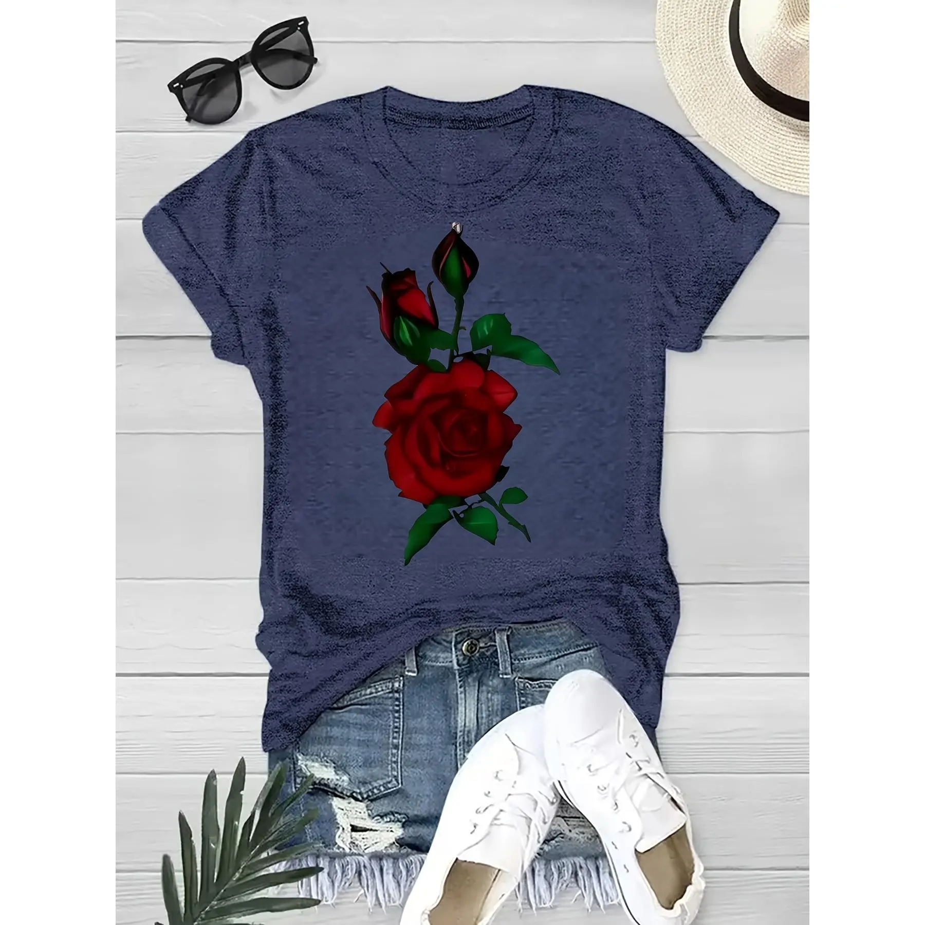 Women's Pure Cotton Short-Sleeve Round Neck Rose Floral Directional Print Tshirt - Casual Fashion Top, Non-Transparent, Machine-Washable, Women's Clothes, Shortsleeve