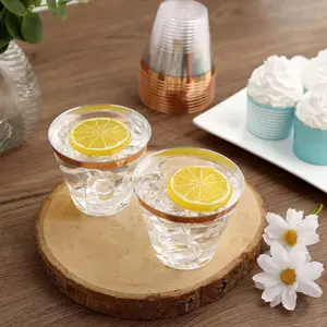 12-Pack Plastic Party Squat Cups Clear with Rose Gold Rim - Stylish Disposable Tumblers for Banquets & Special Occasions 10oz