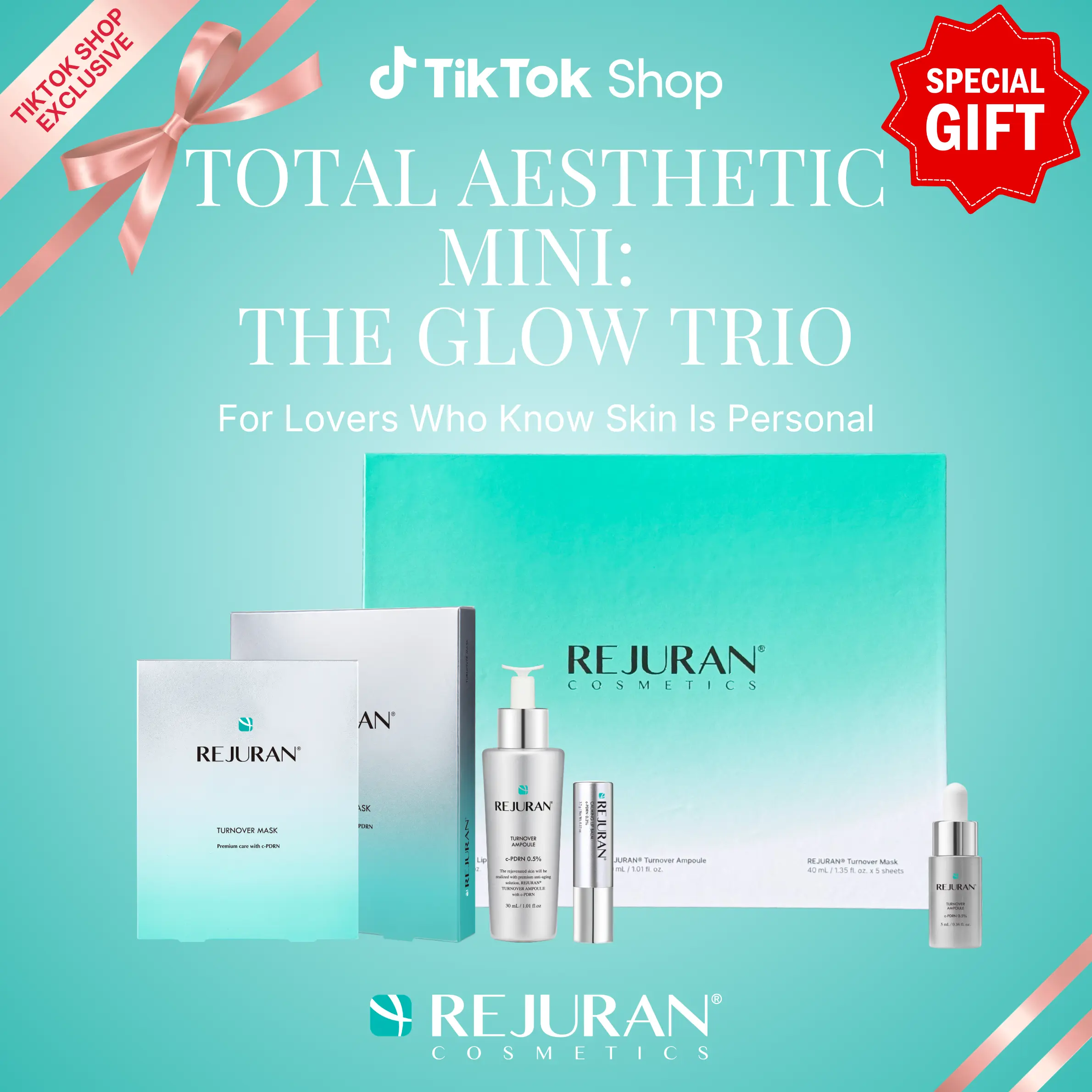 REJURAN Total Aesthetic Mini: The Glow Trio - Rejuvenating Beginner Skincare Kit with c-PDRN for Anti-Aging, Firming & Deep Hydration | Special Gift Set for Radiant, Youthful Glass Skin