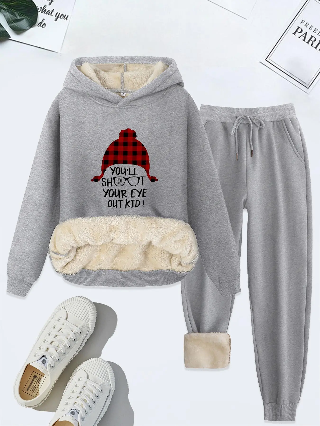 Two-piece Set Women's  Christmas Letter Print Thermal Lined Hoodie & Drawstring Waist Sweatpants Set, Casual Long Sleeve Hooded Sweatshirt & Pocket Jogger Pants, Women's Fall & Winter Clothes