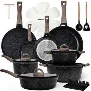 USELUCK Cookware Set 8-Pans 22-Piece Ceramic Cookware Set Non-Stick Kitchen Pots with Lids Creamy White Granite Finish Induction Cooktop Compatible Includes Glass Lids Crepe Pan PFOA/PFOS-Free Gift Boxed Kitchen Set