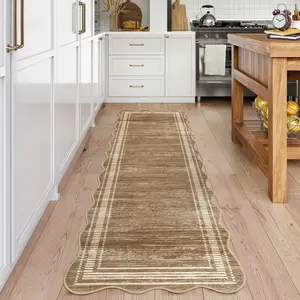 GARVEE Washable Runner Rug 2x6 ft, Non-Skid, Stain-Resistant Solid Brown Scalloped Border, Soft Entryway Carpet for Kitchen, Hallway, Bathroom, Laundry Room, Bedside