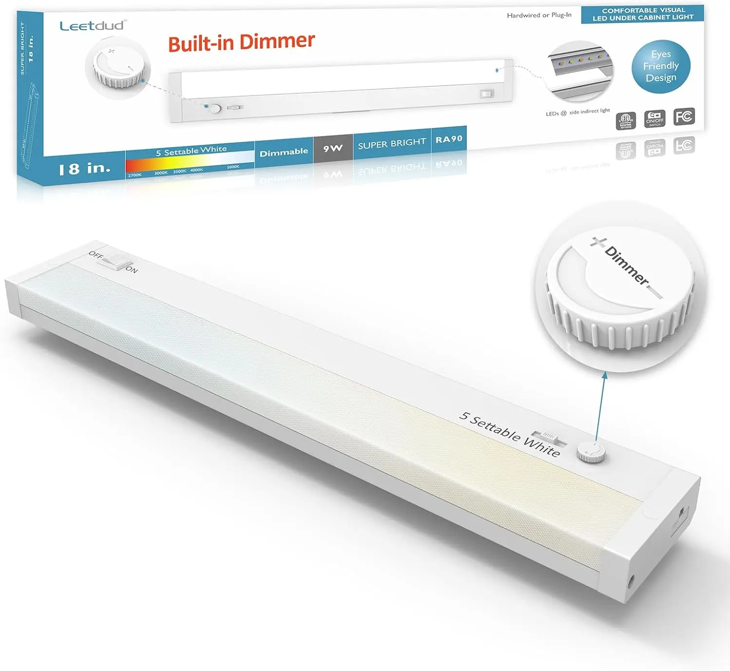 Under Cabinet Lighting Plug in or Hardwired Built-in Dimmer, 18 Inch 9W, 5CCT 2700/3000/3500/4000/5000K, Linkable Counter Lights for Kitchen, ETL Dimmable LED Light Fixture, White