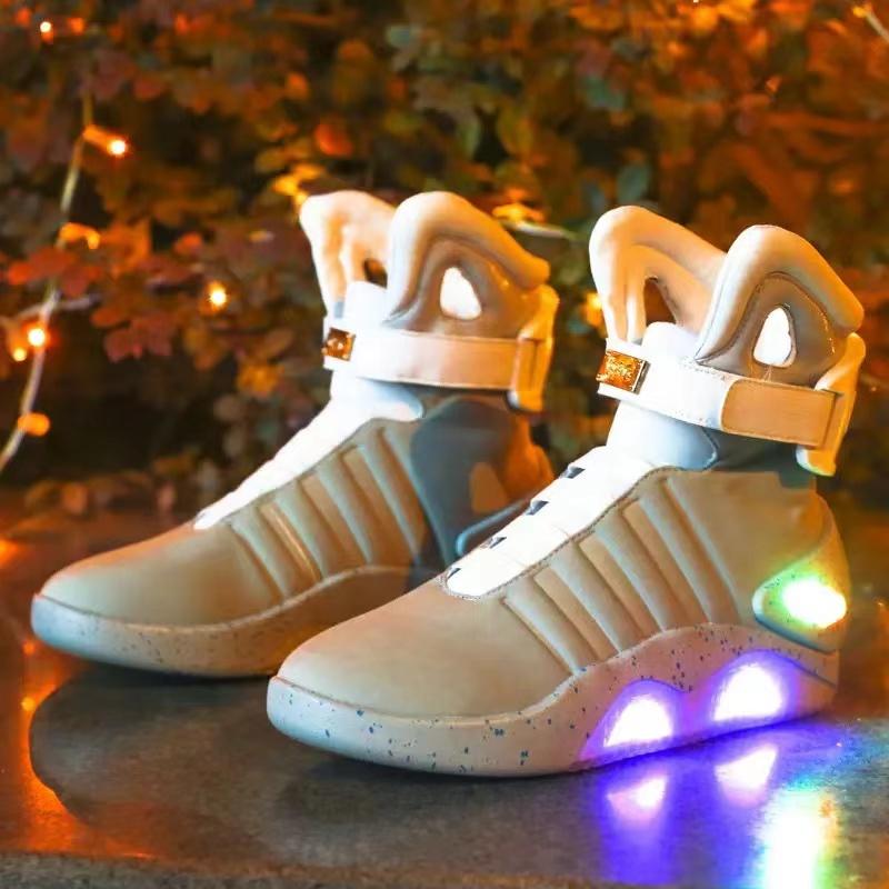 Stylish White USB-Rechargeable Glow-in-the-Dark High-Top Sneakers with Neon Lights & Stripes for Street Dancing & Nighttime Exercise back  to  the  future  shoes