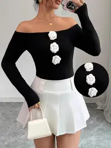 Women's Rose Embroidery One Shoulder Sweater, Elegant Fashion Casual Long Sleeve Jumper for Daily Outdoor Wear, Women Knitwear for Summer