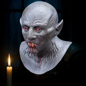 1Count Realistic Vampire Mask with Sharp Blood-Drip Fangs, Blood-Red Eyes & Long Pointed Ears - Pale Light Beige & Sharp Teeth - Hand Washable Latex Headgear for Adults - Spooky Halloween, Christmas, Mardi Gras Costumes, Cosplay, Stage Performances & Them