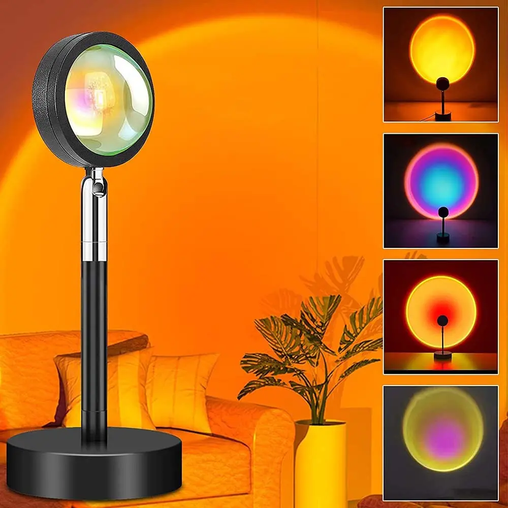 Round Plastic Sunset Lamp Projector with Remote, 360-Degree Rotation, Adjustable Brightness, Colorful Lights for Selfie Photography, Home Decor, Living Room Bedroom Novelty Lighting