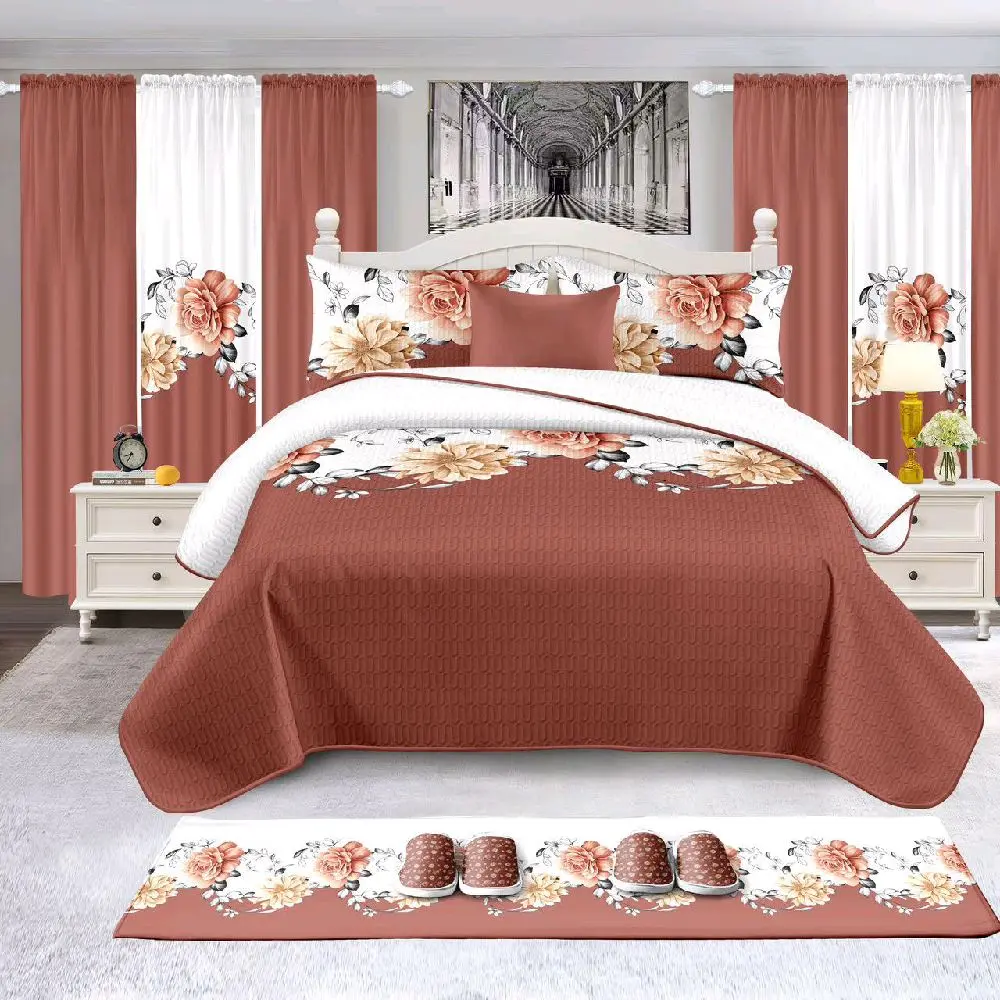 15 pieces- king size Priscilla Floral Bedding Set with Rustic Brown Comforter and Matching Curtains for Cozy Bedroom Decor