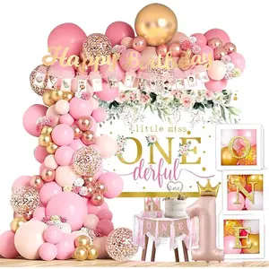 Baby Girl 1st Birthday Decorations Supplies - Balloon Boxes, Pink Gold Balloons Garland Arch Kit，Party Backdrop, High Chair Banner, Crown, Photo Banner
