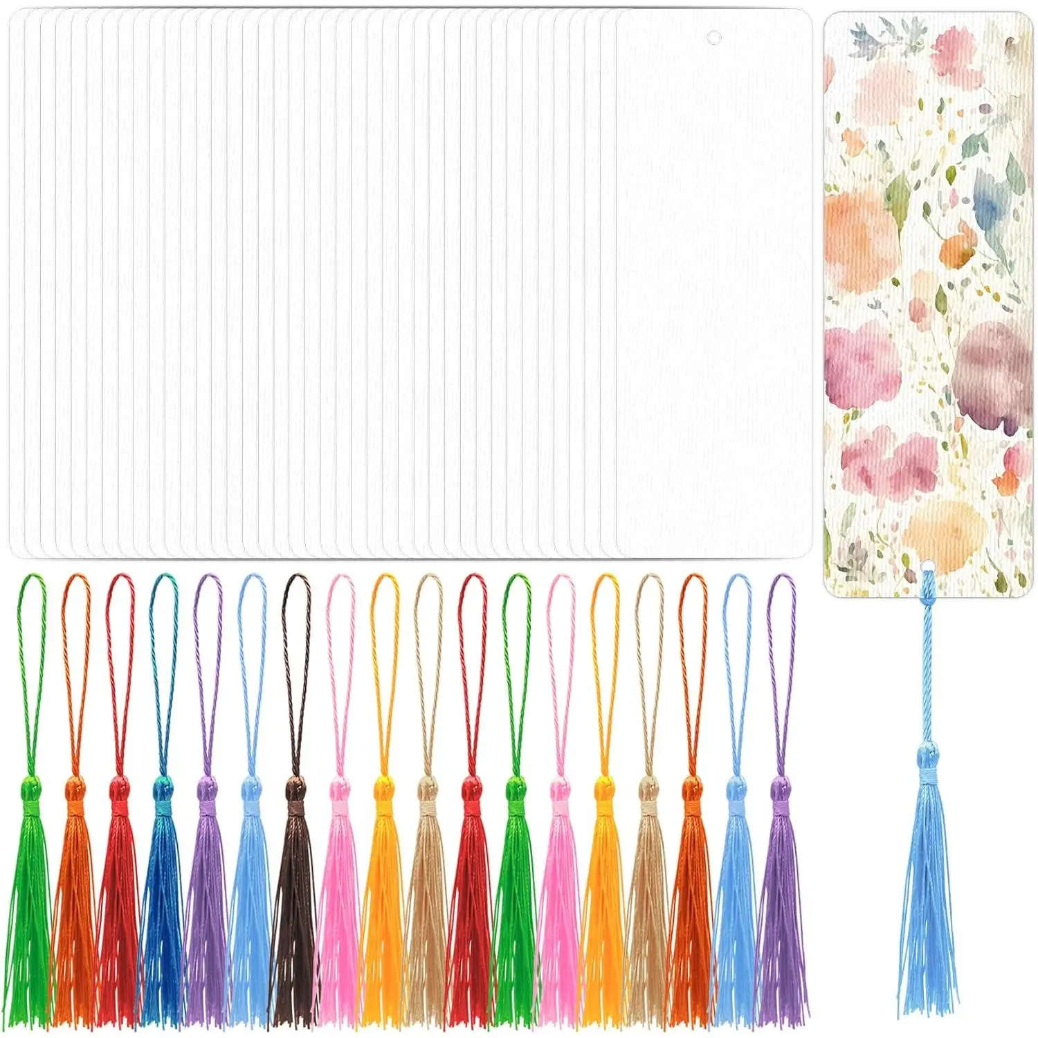 50 Sets Watercolor Paper Bookmarks with Tassels, Blank Book Marks Making Kit, Heavyweight Watercolor Paper Cards Bulk for Classroom Projects and DIY Craft, 5.5 x 2 Inches