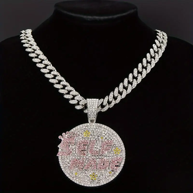 2pcs Iced Out Street Style Full Rhinestone Round "SELF MADE" Words Pendant with Iced Out Miami Cuban Chain Bling Rhinestone Pendant Necklace 2pcs Iced Out Street Style Full Rhinestone Round "SELF MADE" Words Pendant with Iced Out Miami Cuban Chain Bling Rhinestone Pendant Necklace