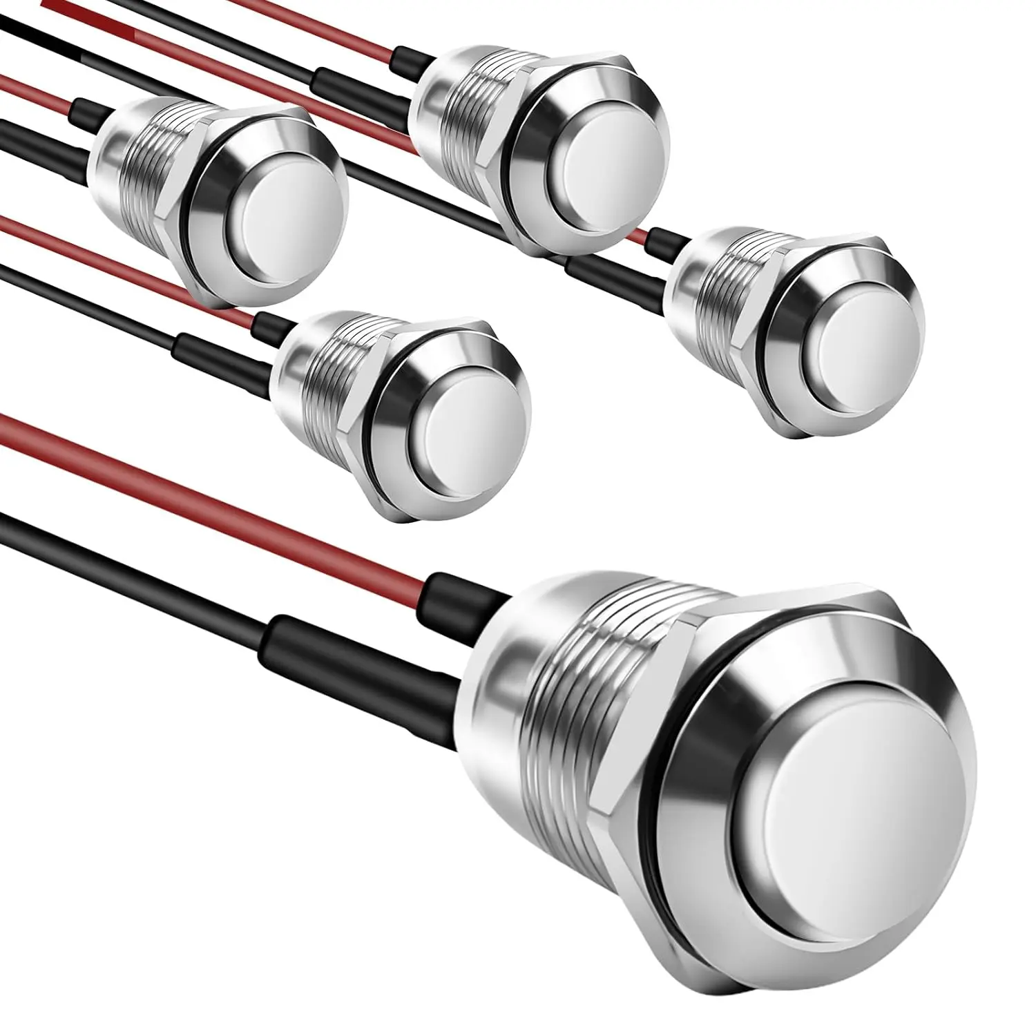 5 Pcs Silvery Stainless Steel & Aluminum Alloy Momentary Push Button Switches, IP66 Protection, IK09 Vandal Resistance, 2A 12V/24V/125V/250V AC, 100K Cycles, Pre-Wired Cables