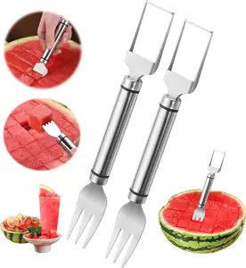 2-in-1 Watermelon Slicer & Fork – 2-Pack Stainless Steel Fruit Cutter Tool for Watermelon, Mango, Pitaya – Portable for Camping, Picnics, Home, Parties – Effortless Cubes & No Mess