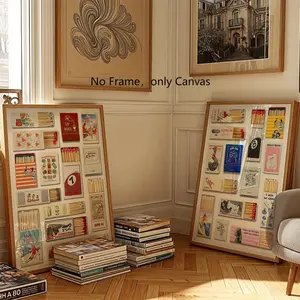 Vintage Matchbox Pattern Unframed Art Print Painting, 2 Counts/set Retro Matchbox Wall Art, Wall Decor for Home Living Room Bedroom, Ornaments