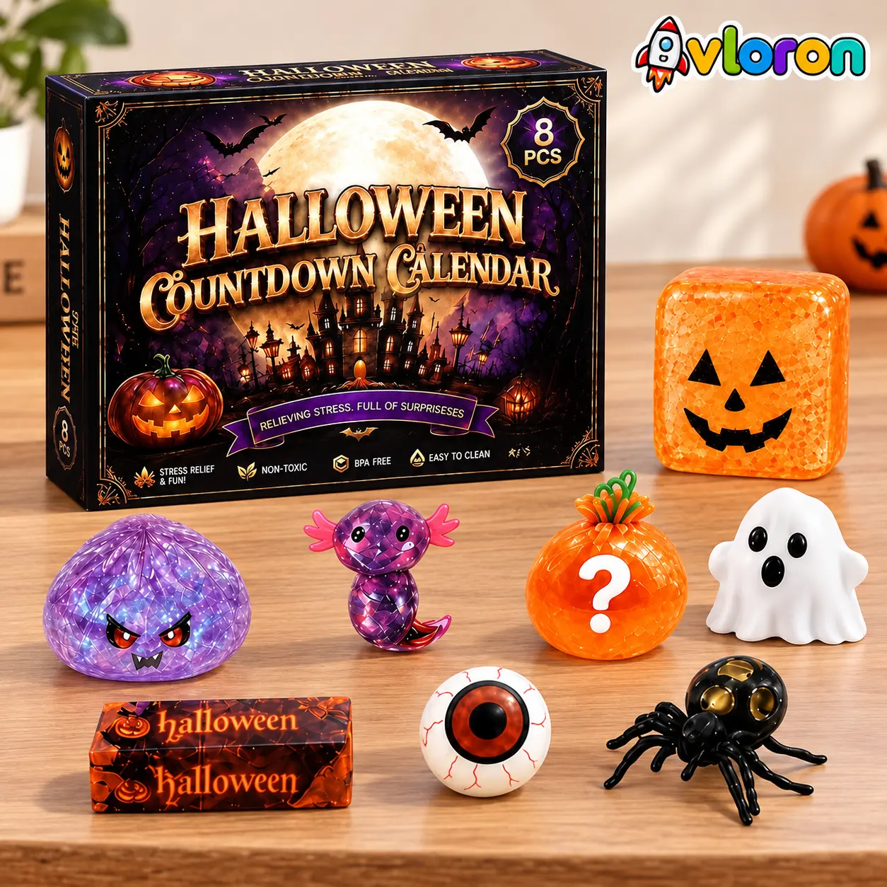 Avloron 8PCS Halloween Squishy Set, Pumpkin, Spider, Ghost & Butter Shapes, Soft Squeeze Fidget Toys, Halloween Party Favor Gifts