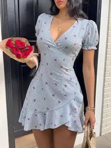 Blue White Gingham Mini Wrap Dress Cherry Print Puff Sleeve V-Neck Sundress