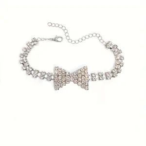 Elegant Golden Sparkling Bow, Thin Claw Chain, Anklet Inlaid with Sparkling Rhinestones, White Wedding Feet.