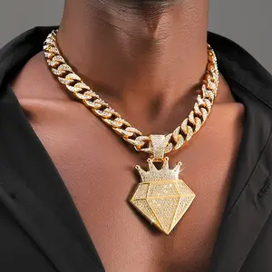 Men's Necklace High Quality, Punk  Crown Shape Style, Rhinestones Shaped Pendant Cuban Chain, Hip Hop Style Shiny Rhinestones Men's Cuban Chain, Suitable for Friends, Father's Day, Birthday Gifts,