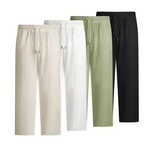 Premium Soft Ice Silk Linen Look Mens Straight Leg Pants Elastic Waist Drawstring Detail Textured Weave Suitable for Beach Vacations and Warm Weather Outdoor Activities