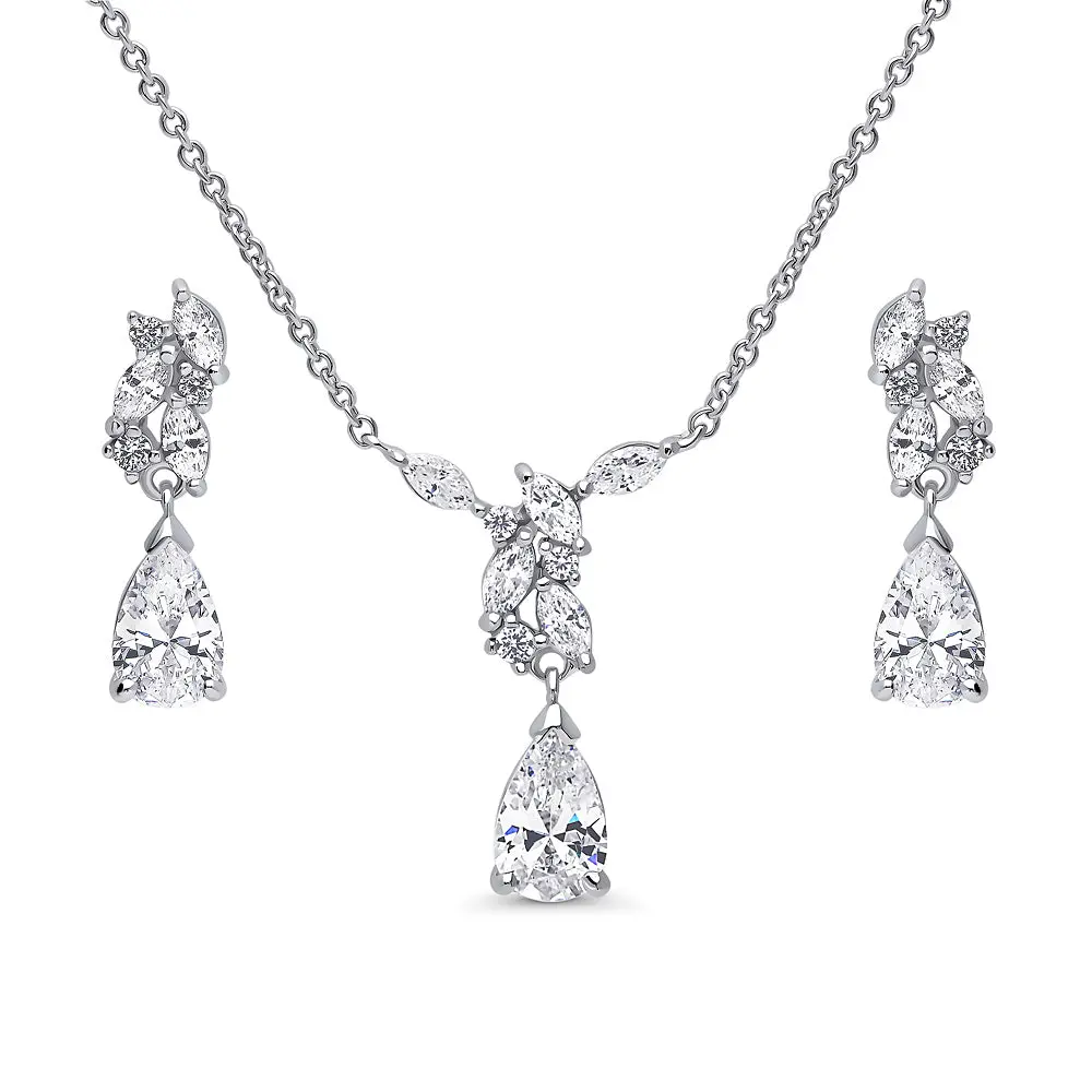 BERRICLE Sterling Silver Cluster Teardrop Navette Necklace and Earrings Set for Women, Cubic Zirconia CZ