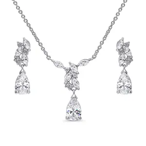 BERRICLE Sterling Silver Cluster Teardrop Navette Necklace and Earrings Set for Women, Cubic Zirconia CZ