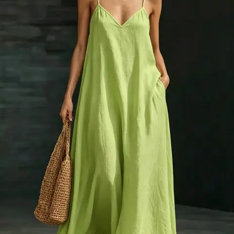 2026 New Summer Spaghetti Strap Sleeveless Boho Maxi Dress, Loose Fit with Pockets, Beach Vacation Casual Chic Dress, Wide A-Line, 2-in-1 for Beach and Commute, Bohemian Style Dress