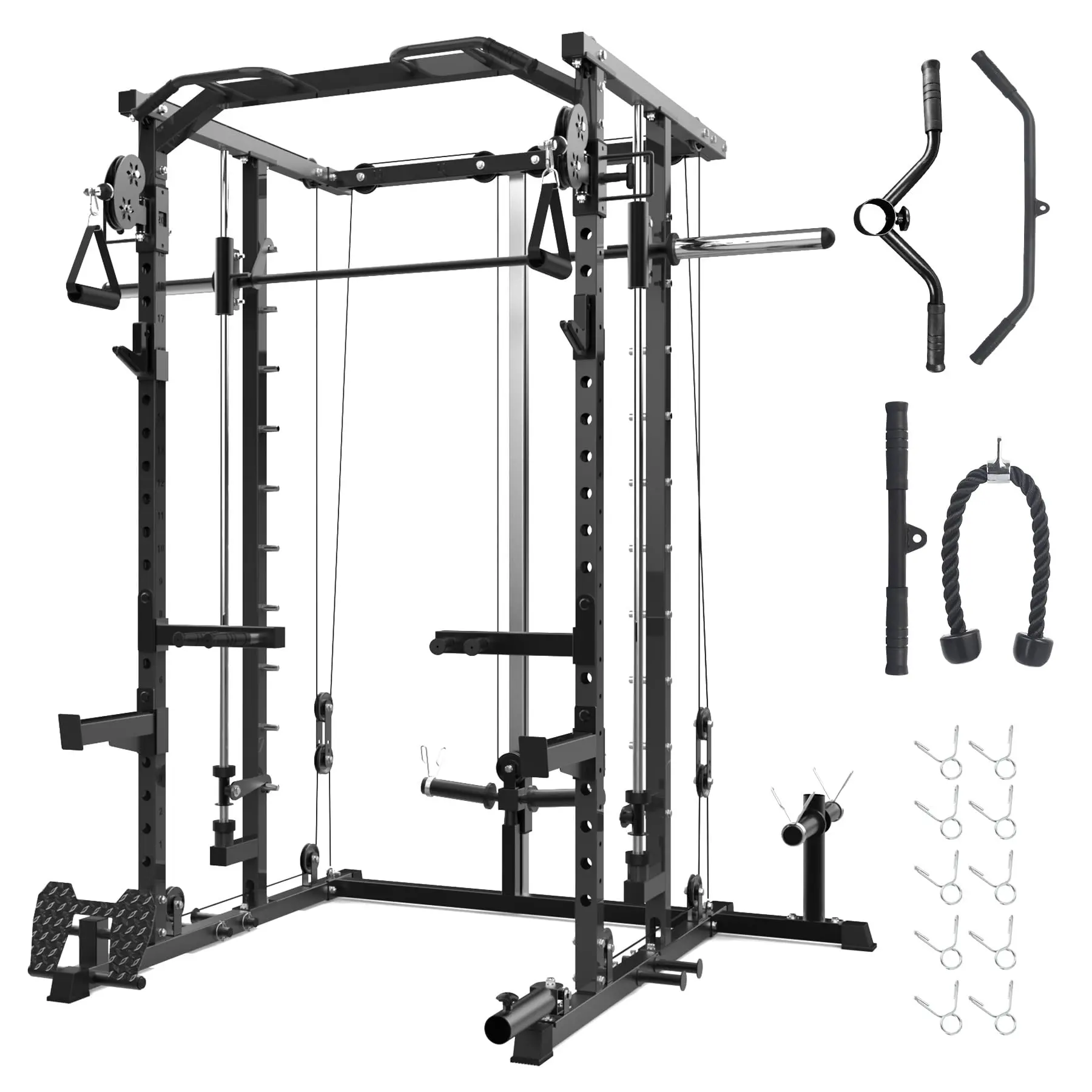 Garvee Power Cage, Smith Machine Squat Rack, Heavy Duty Power Rack for Home Gym with Pulley System, Dip Bar, LAT Pulldown, Multifunctional Squat Rack for Home Gym, Black