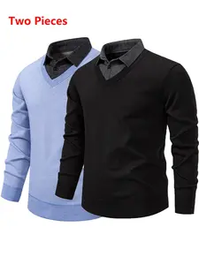 Men's 2-Piece Faux Two-Piece Knit Sweater Set, Elastic Fabric, Winter New Thickened Casual Comfy Pullover, Soft Warm, Simple Elegant Style