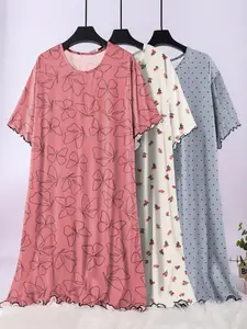 Women's Plus Size Casual Loose Fit Cartoon Fruit Butterfly Polka Dot Printed Short Sleeve Long Nightgown Set, 3 Pieces, All Seasons
