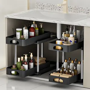 2 Pack Under Sink Organizer, 2 Tier Bathroom Cabinet Organizer with Sliding Basket, Multi-Purpose Under Sink Organizers and Storage for Bathroom Kitchen (Black 2 Pack)