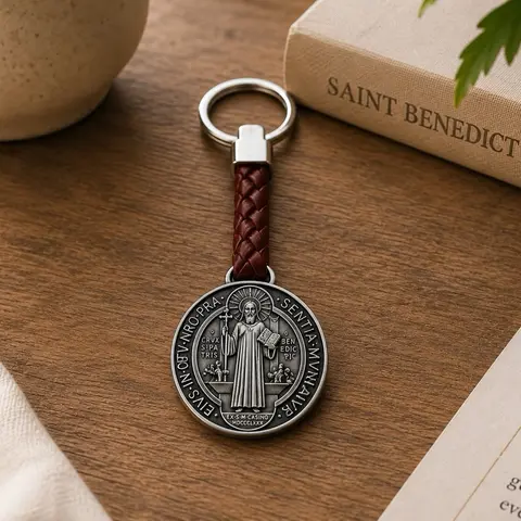 Unisex Durable Steel & Leather Saint Benedict Medal Keychain Necklace - Braided Leather, Stainless Steel Chain & Link Jewelry, Engraved Cross Biblically Inspired Pendant, Metallic Emblem Keychain Accessory for Daily Wear