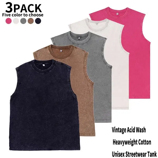 Vintage Acid Wash Tank Top 3-Pack Heavyweight Cotton Sleeveless Shirts Loose Fit Streetwear Summer Casual Layering for Men Women