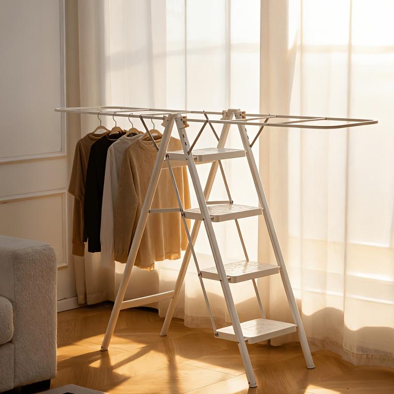 White Lightweight Metal 3-Step/4-Step Folding Ladder - 600lbs Load Capacity, Convertible to Laundry Drying Rack, Suitable for Home & Kitchen Use