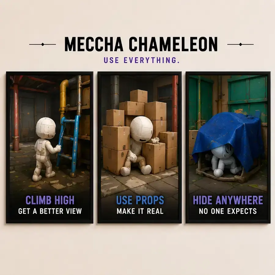 Meccha Chameleon Hiding Spot Tactics 3 Panel Art, High Spots & Props Decor, Gamer Bedroom Wall Hanging