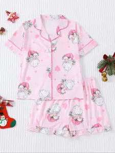 Christmas Children's Pajamas 2-Piece Set, Santa Claus Snowflake Printed Cardigan Short Sleeve Shorts Girls and Boys Medium and Large Sizes Wearable Holiday Party Pajamas 2-Piece Home Clothes