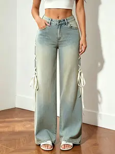 Women's Fashionable Straight-Leg Jeans with Side Ribbon Ties: A stylish and sweet design, featuring high-waisted, loose-fitting, washed, stretchy wide-leg jeans