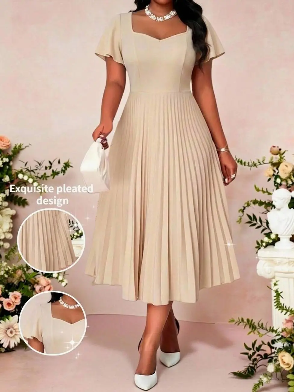 Plus Size Women Elegant Peach Summer Wedding Guest Dress,Sweetheart Neck Flutter Sleeve Pleated Hem Waist Cinched Solid Color Formal