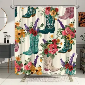 Western Cowboy Boots Shower Curtain, Floral Farmhouse Waterproof Bathroom Decor