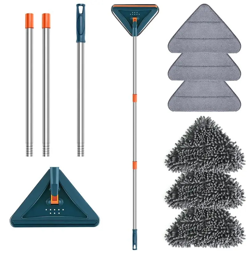 Triangle Wall Cleaner Mop with Adjustable Long Extendable Handle, 360-Degree Rotating Head, No-Touch Design, 6 Microfiber Pads, Home Cleaning Tools You Need, Father’s Day Practical Gift, New Home Essential | Back to School