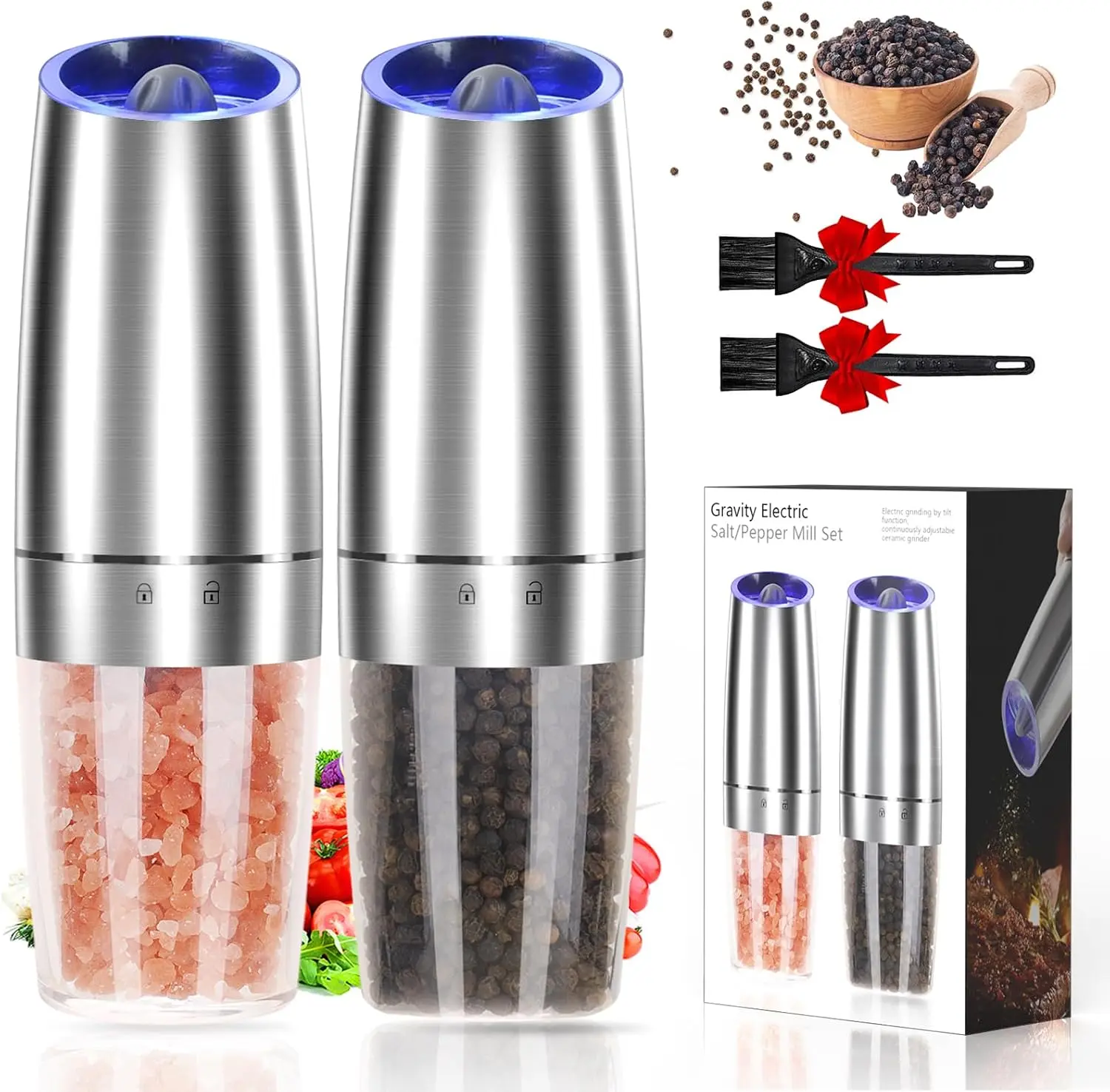 Automatic Gravity Electric Pepper and Salt Grinder, Adjustable Coarseness | Automatic Shakers Mill Grinder with LED Light, Battery Powered, Upgraded Larger Capacity, One Hand Operated (Sliver 2 Pack)